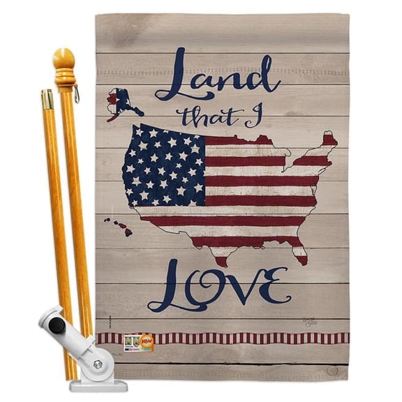 Breeze Decor BD-PA-HS-111083-IP-BO-D-US18-SB 28 x 40 in. Land I Love Americana Patriotic Impressions Decorative Vertical Double Sided House Flag Set & Pole Bracket Hardware