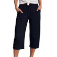 thumbnail image 3 of UVEASISHA Capri Pants for Women High Waisted Drawstring Cropped Pants Summer Casual Beach Capris Loose Fit Straight Leg Trousers with Pockets Ofertas Flash Dark Blue S, 3 of 7