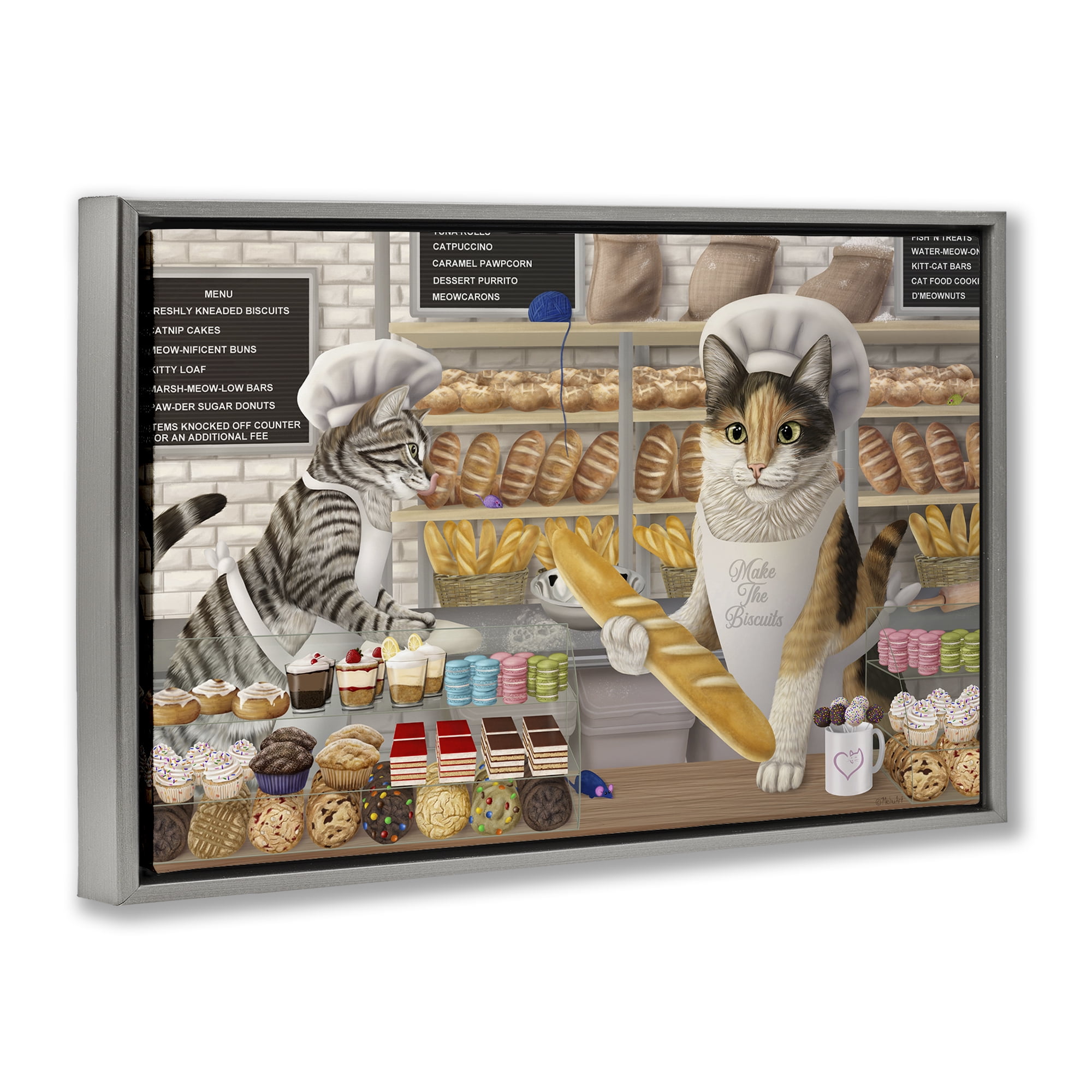 Stupell Industries Meow Bakery Funny Cats Food & Beverage Painting Gray Floater Framed Canvas Art Print Wall Art, 25 x 17