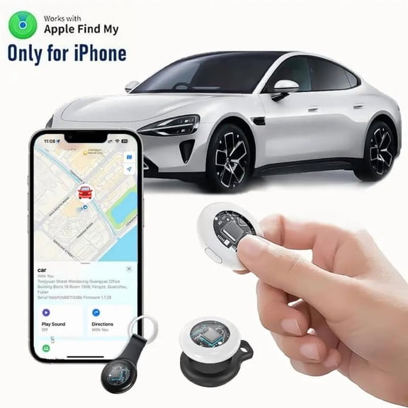 GPS Tracker for Cars & Pets - Mini Clear Design, Weatherproof Case, Anti-Lost Device, Works with Apple Find My iOS Only, IP67 Waterproof, Replaceable Battery Protection