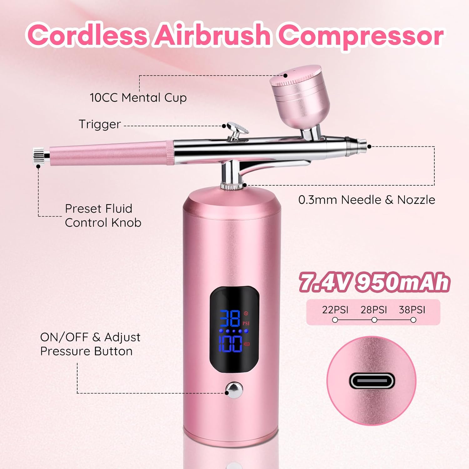 Airbrush Kit with Compressor, LED Display, Great for Painting, Modeling, Cake Decorating, Makeup, Nail Art、DIY (Pink)