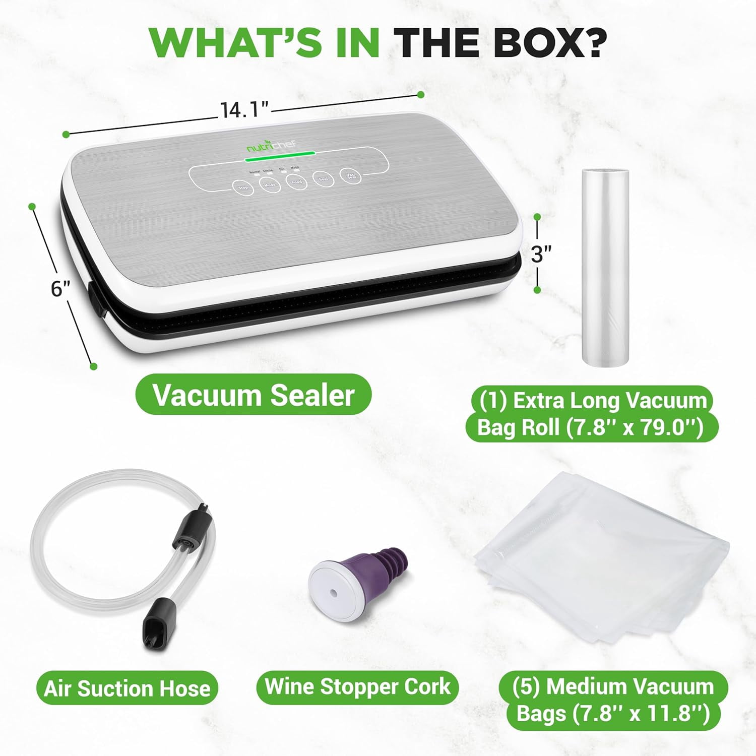 Food Vacuum Sealer Machine - Automatic Air Sealing System for Dry & Moist Foods, LED Touch Controls, Includes Vacuum Bags, Hose & Wine Stopper, High Suction Power, 14"x6"x3", Silver