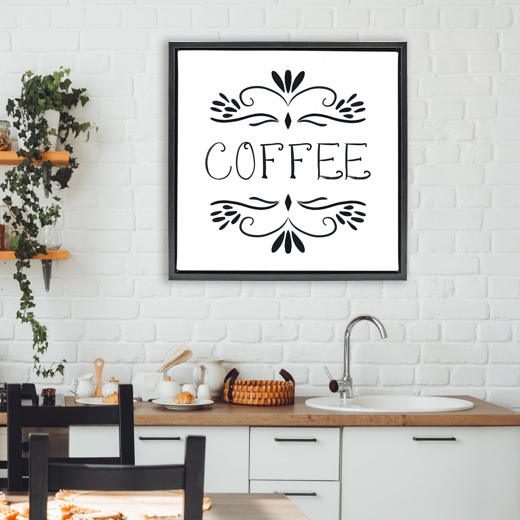 Stupell Industries Coffee with Floral Emblems Black Framed Floater Canvas Wall Art, design by Lucille Price