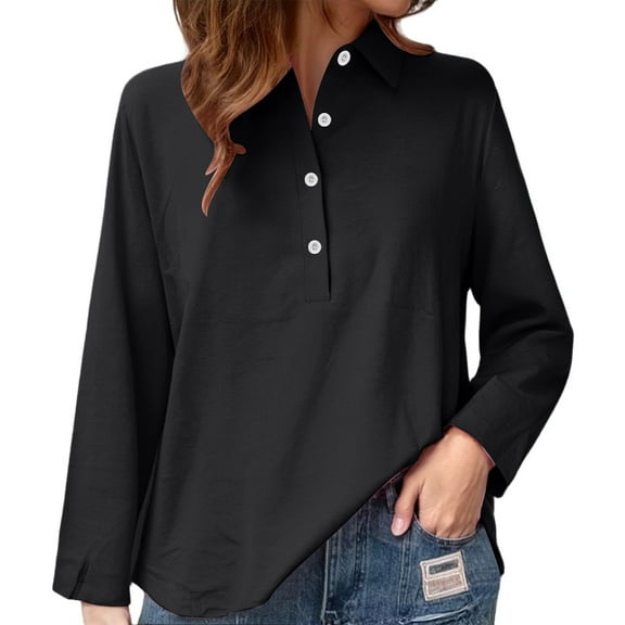 Breezora Women Linen Blend Shirt Button Down Long Sleeve V Neck Casual Comfortable Blouse L Size Black