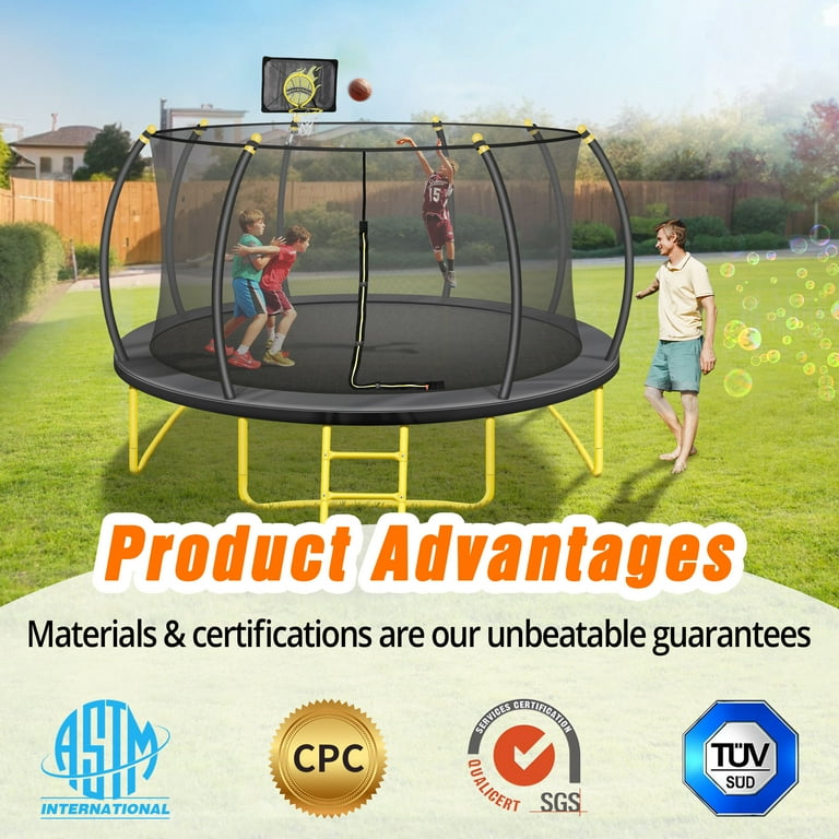 Triple Tree 14FT Trampoline, Outdoor Recreational Trampolines with Basketball Hoop, Ladder, Safety Net, No Gap Design Pumpkin Large Trampolines for Triple Tree 14FT Trampoline, Outdoor Recreational Trampolines with Basketball Hoop, Ladder, Safety Net, No Gap Design Pumpkin Large Trampolines for