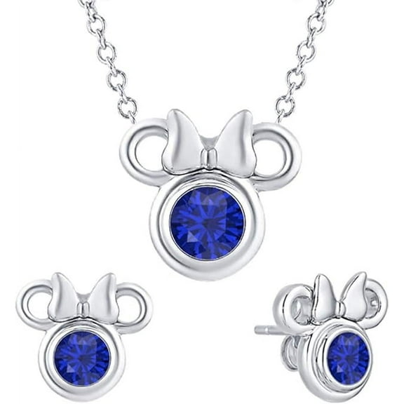 925 Sterling Silver 14K White Gold Finish Round Cut Blue Sapphire Gemstone Solitaire Cute Mouse Pendant Necklace & Earring Jewelry Set For Women