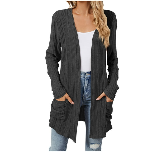 Timegard Cardigan pour Femmes Manches Longues Côtelées Ouvert devant Doux Automne Décontracté Long avec Poches