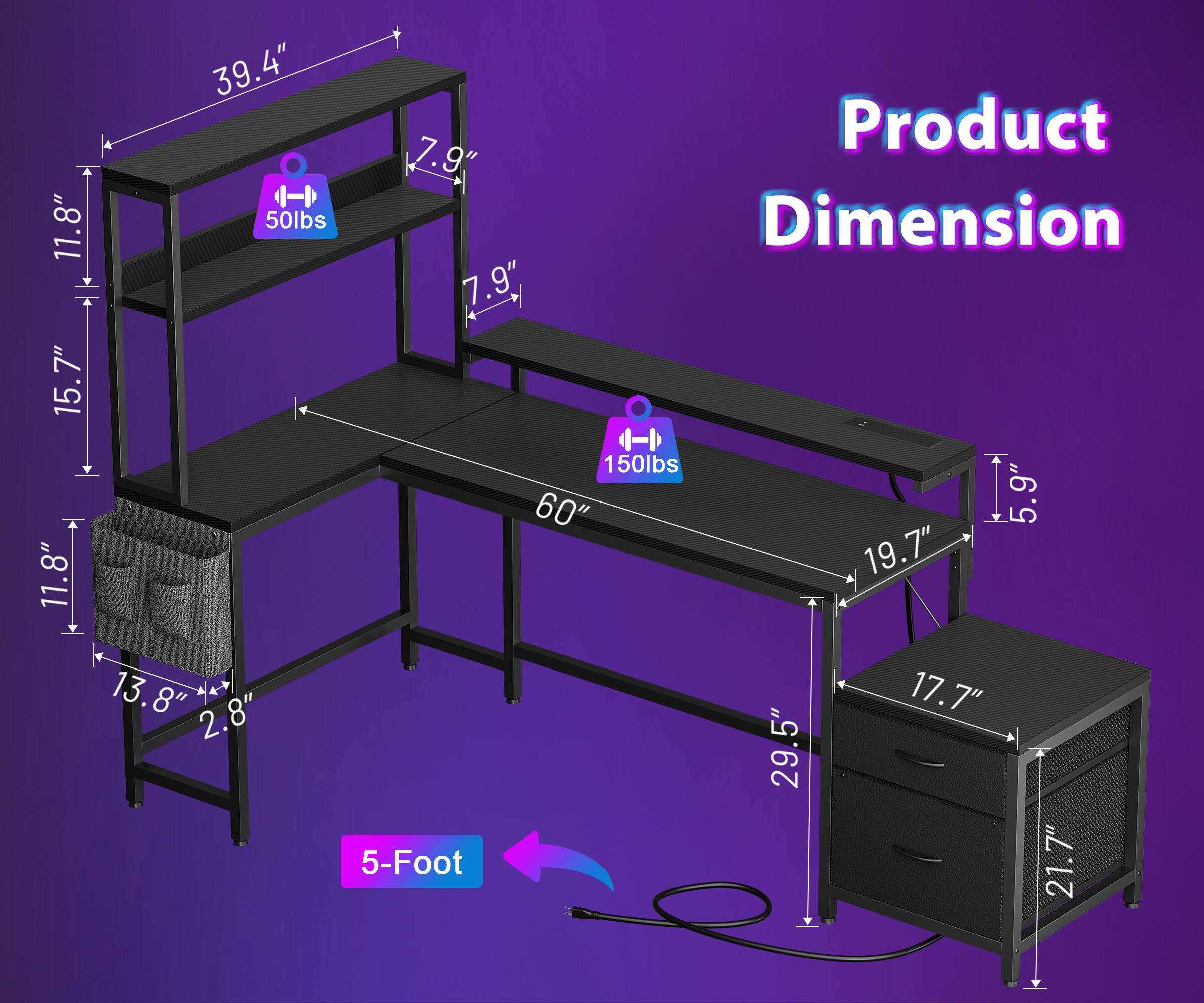 GUNAITO 71" L Shaped Gaming Desk with 2 Drawers and shelves, Corner Desk with LED Lights & Power Outlets,Carbon Fiber Black