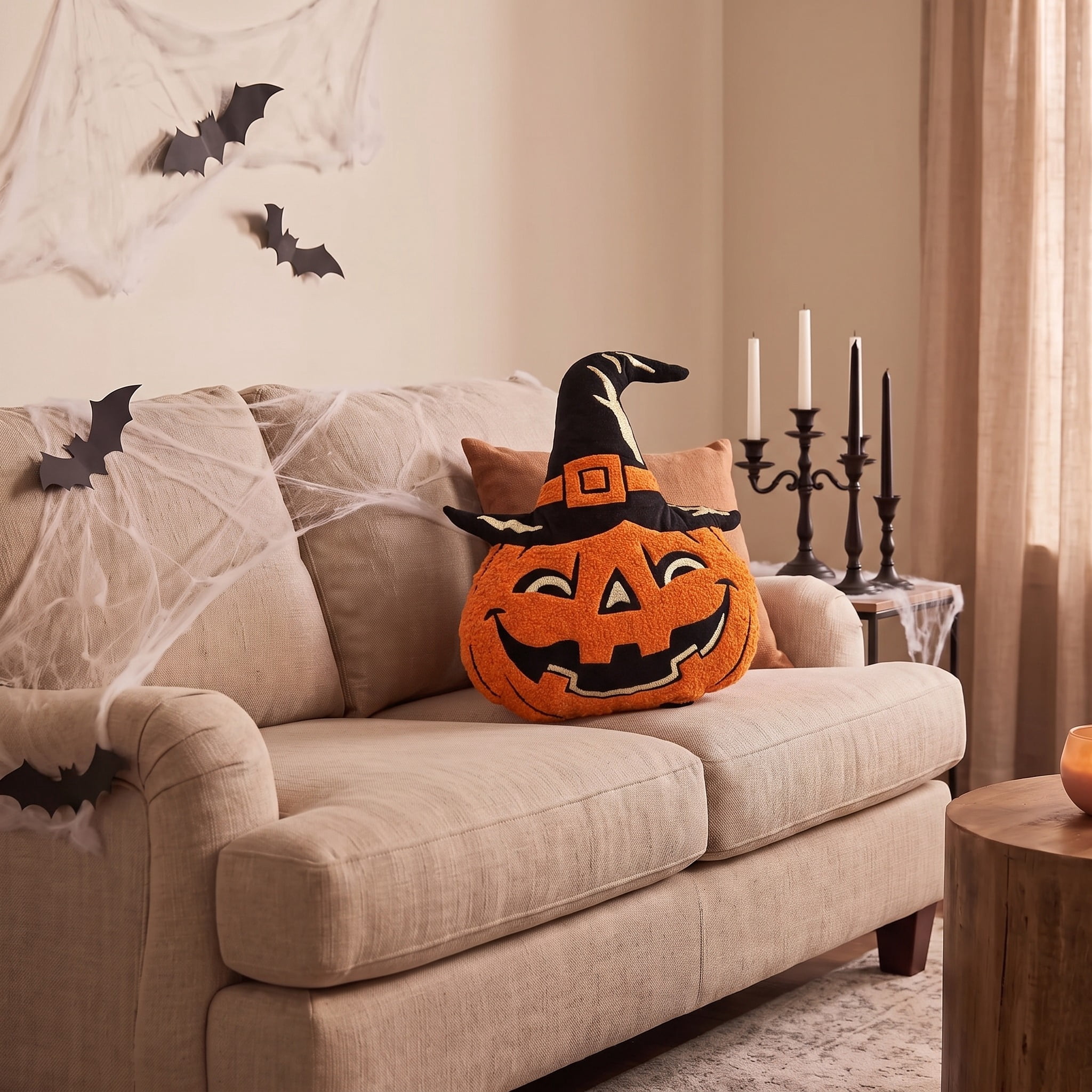 Smiling Jack-o'-Lantern Decorative Pillow, Black and Orange, 14.5", Halloween by Way To Celebrate