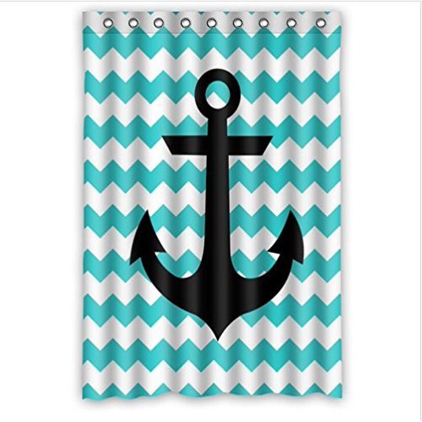 HelloDecor Anchor Turquoise White Chevron Anchor Shower Curtain