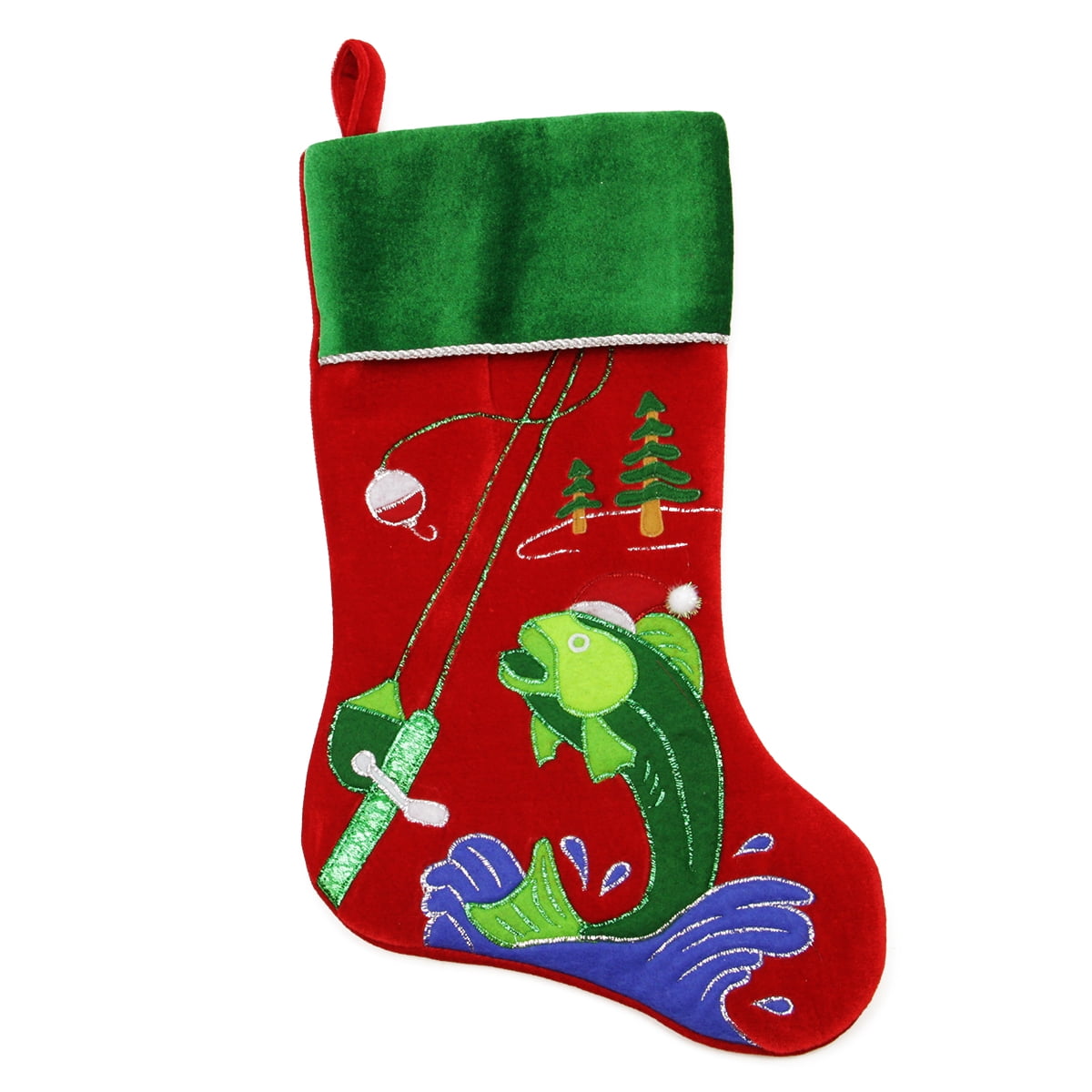 19.5" Red Velveteen Fishing Themed Christmas Stocking with Green Cuff ...