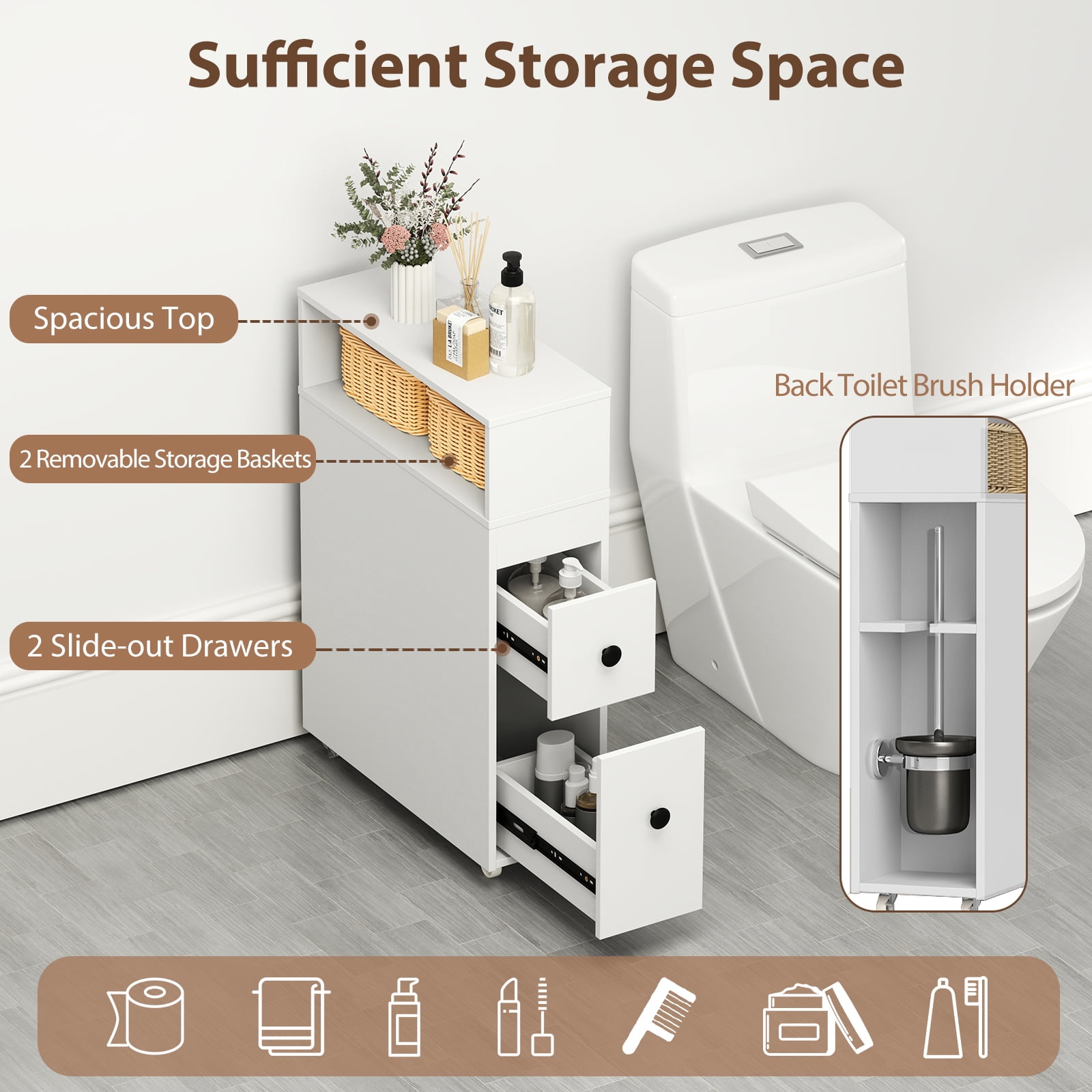 Giantex Narrow Side Bathroom Storage Cabinet, Toilet Storage on Wheels, Space Saver Rolling Storage Cabinet for Small Spaces