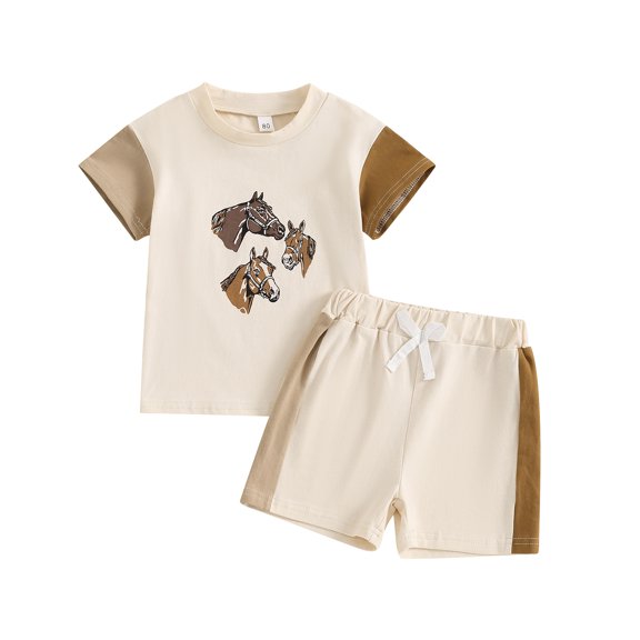 Aojekbee Toddler Boys Summer Outfits Western Elements Horse Print Contrast Color Short Sleeve T-Shirts Shorts 2Pcs Clothes Set