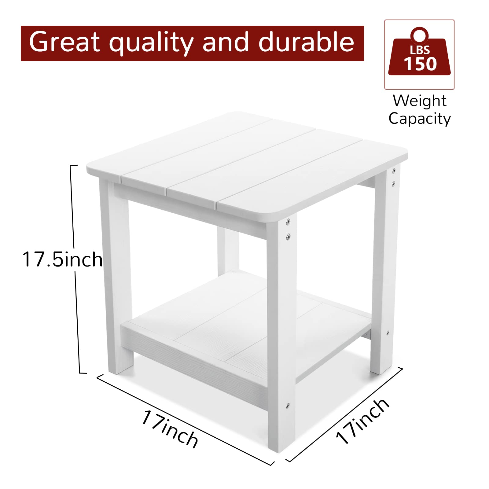 Outdoor Side Table, Weather Resistant 2-Tier Side Table, Hips Plastic End Table, Adirondack Side Table, Rocker Side Table for Backyard, Patio, Pool, Deck and Garden, White, 17 x 17x 17.5 inches - image 3 of 7
