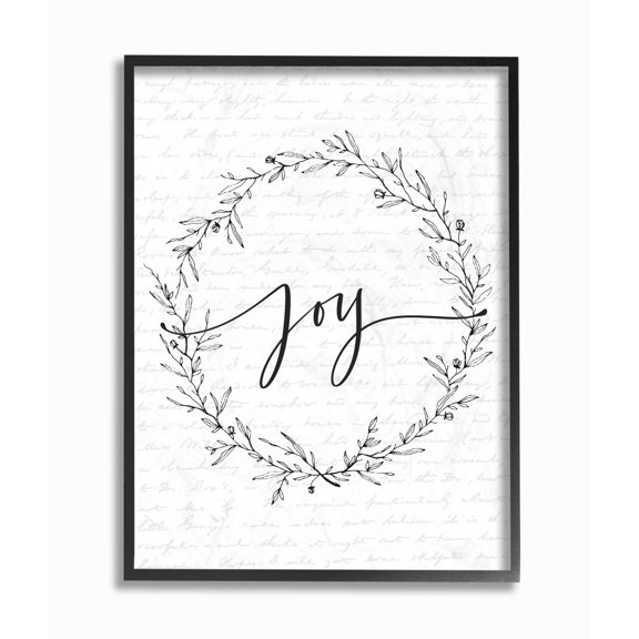 Stupell Industries Joy Leaves Wreath Christmas Holiday Word DesignFramed Wall Art By Artist Lettered and Lined