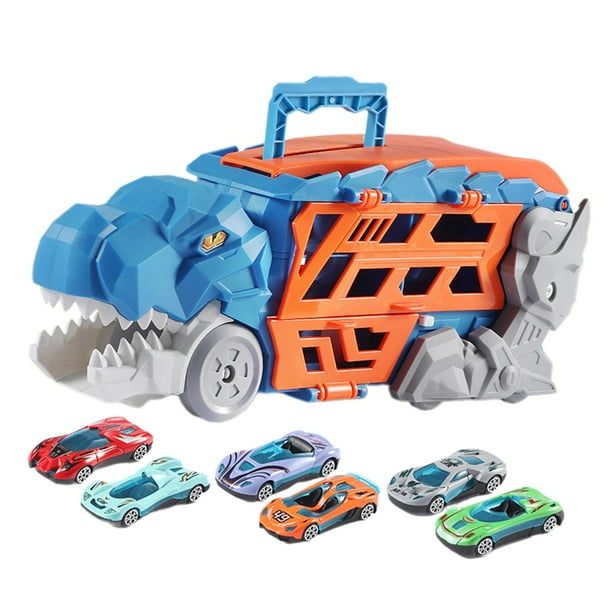 Camión transportador de dinosaurios, pista creativa y tiendas, juguete de coches devoradores de dinosaurios azul con 6 coches