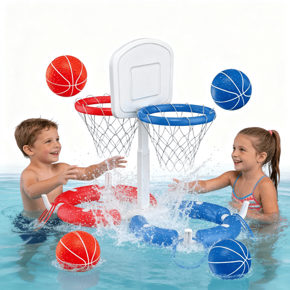 Dual Pool Basketball Hoop with Backboard for Boys Girls 2-in-1 Floating Pool Toys Ring Game 4 Balls 8 Rings & Pump Outdoor Swimming Pool Basketball Games Water Play Summer Toy for Adults and Family