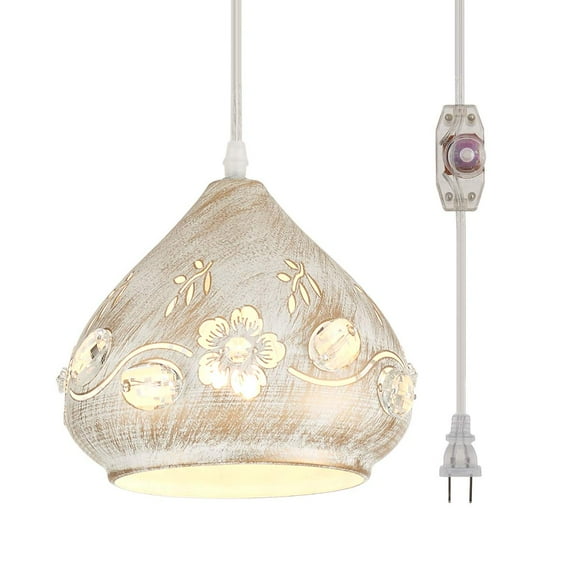 YLONG-ZS Hanging Lamps Swag Lights Plug in Pendant Light 16 FT Cord Boho Hanging Pendant Light Cage in-Line On/Off Dimmer Switch for Kitchen Island, Dining Room, Entryway(White and Crystal)