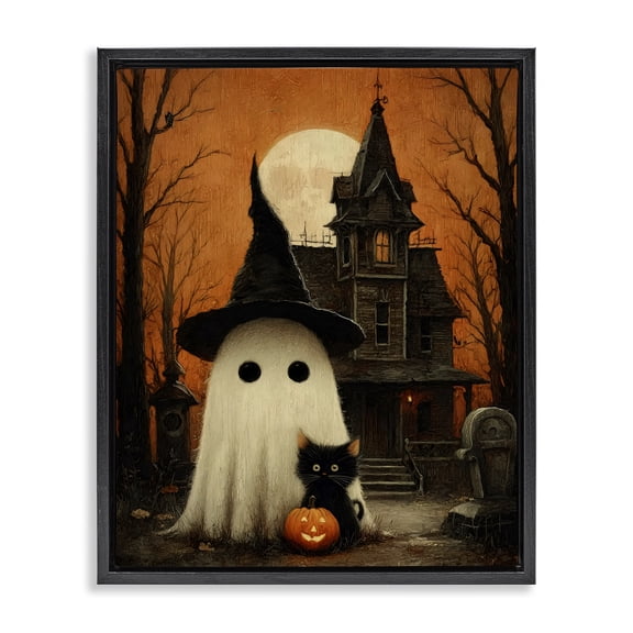 Cute Ghost & Haunted House Black Framed Floater Canvas Wall Art, design by Arlington Prints