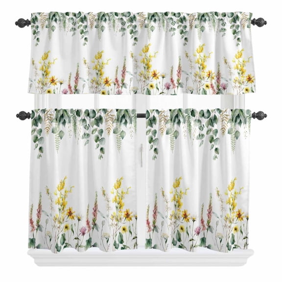 3 Piece Kitchen Curtains and Valances Set Eucalyptus Leaves Cafe Curtains 36 Inch Length Spring Country Botanical Flowers Floral Valance & Tier Curtain for Living Room Bedroom 54"x18" 27"x36"*2