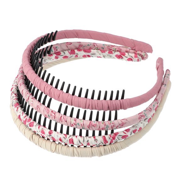 Unique Bargains 4pcs Teeth Comb Floral Pattern Headbands Tooth Comb Hair Hoop for Women Red Pink Beige