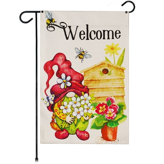 G128 Garden Flag Welcome Gnome with Flowers 12"x18" Blockout Fabric