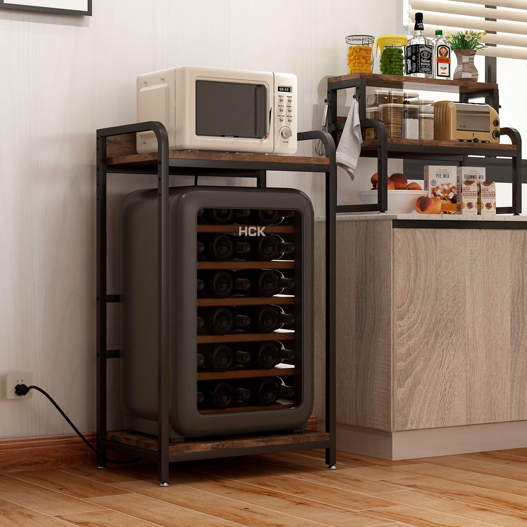 S-HOME Vintage 4-Tier Mini Fridge Stand, Brown, Large Storage Space, Microwave Oven Use
