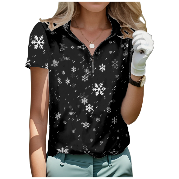 Snow Print Half Zip T-shirt Women's Stand Collar Short Sleeve Casual Golf Shirt