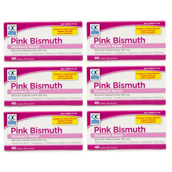 6 Pack Quality Choice Pink Bismuth Caplets 40 Count Each