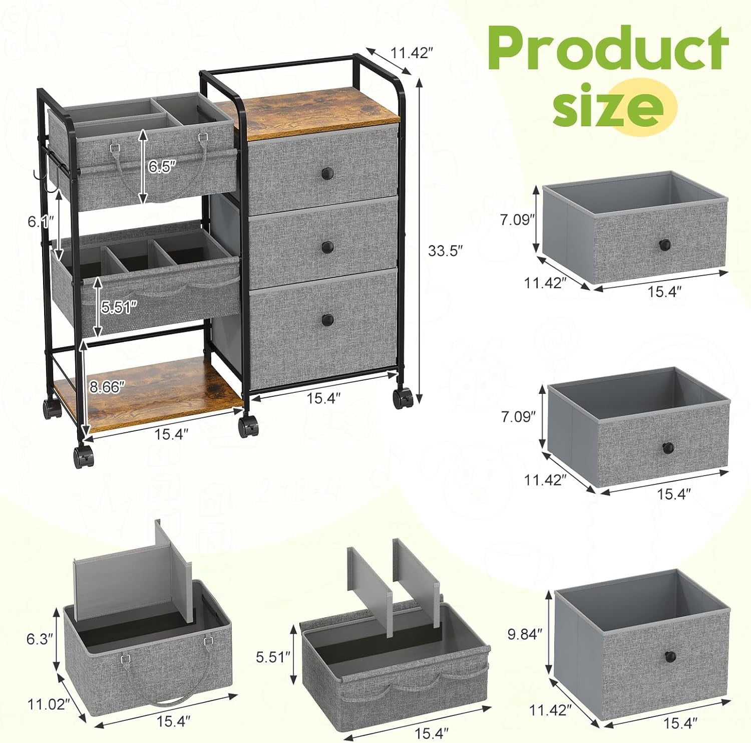 Gofinoday 2-in-1 Baby Diaper Caddy Organizer, 3-Tier Rolling Nursery Cart with Removable Caddy, Dividers, Drawers and Lockable Wheels, Gray