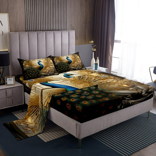 Peacock Sheet Set Exotic Birds Animal Sheets King, Elegant Gorgeous Golden Feather Bed Sheets Set Victorian Style Peacock Decor Bedding Set Home Decor Aesthetic for All Season