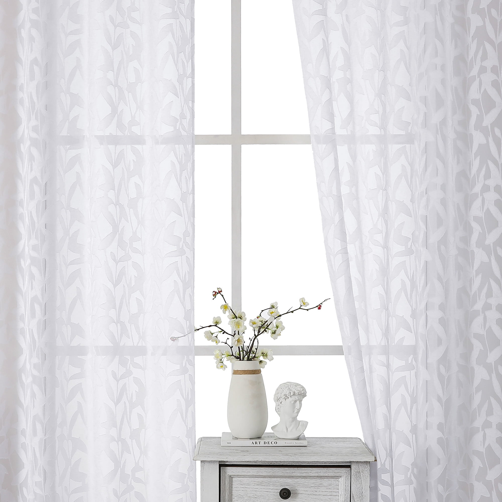 OVZME Leila White Sheer Kitchen Curtains 36 Inches Long 2 Panels Set, Light Filtering Jacquard Sheer Tiers Drapes,Soft Living Room Curtains for Small Windows with Dual Rod Pocket, 40W x 36L Inch