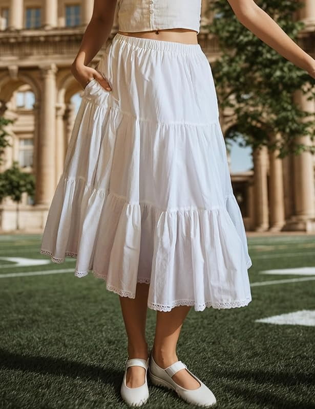 Womens 100% Cotton 3 Tier A-line Maxi Skirt With Pockets BEAUTELICATE Women's 100% Cotton Maxi Skirt With Pockets - 3 Tier A-Line Long Skirt With Lining Women Maxi Skirt-590095