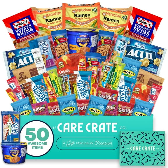 The Care Crate Co. ​Microwave​ Snack Care Package - ​50 Piece​ Bulk Variety Pack Box for Adults ​and ​Kids ​with Ramen​, ​Popcorn, Mac n Cheese, Pop-tarts, Assorted Chips, Granola Bars and Candy