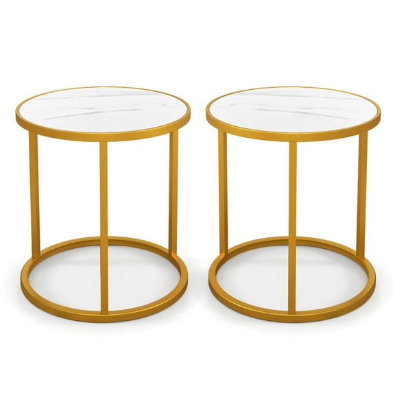 Marble Top Round Side Table 16-Inch End Table with Golden Metal Frame