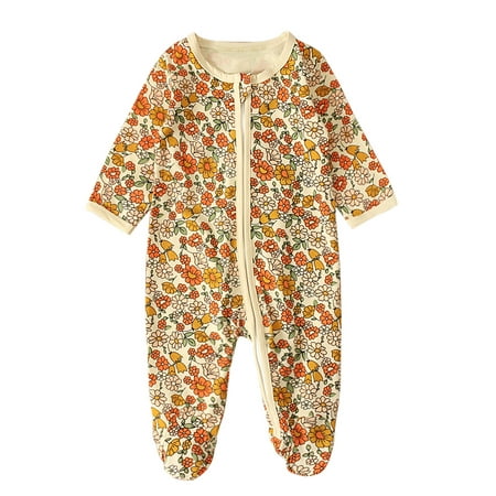 

TheFound Newborn Baby Girls Romper Footie Flowers Print Long Sleeve Zipper Sleeping Bag Clothes