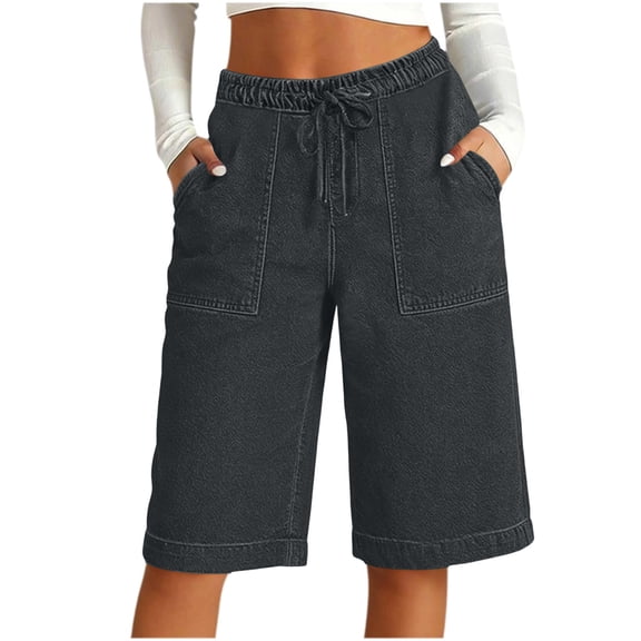 JGGSPWM Womens Trendy Jean Shorts Drawstring Elastic Waisted Solid Color Long Denim Short Knee Length Baggy Jeans Jorts Gray XL