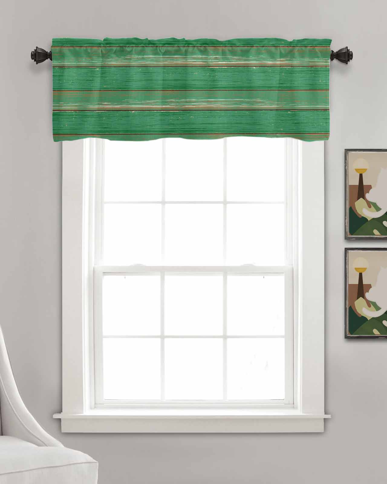 Green Wood Grain Kitchen Valances for Windows Farmhouse Linen Window Valance Curtain for Living Room Window Treatment Farmhouse Texture Vintage Country Valance Rod Pocket Topper Drape, 60 x 18 Inch