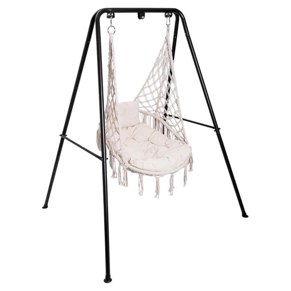 Macrame Hammock Chair with Stand - 350 Lbs Capacity - Indoor/Outdoor Hanging Chair with Cushion - White, 70.8" x 53.3" x 56.3" Steel Frame