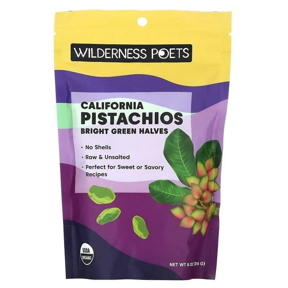 Wilderness Poets, Organic California Pistachios, Bright Green Halves, Unsalted, 8 oz Pack of 2