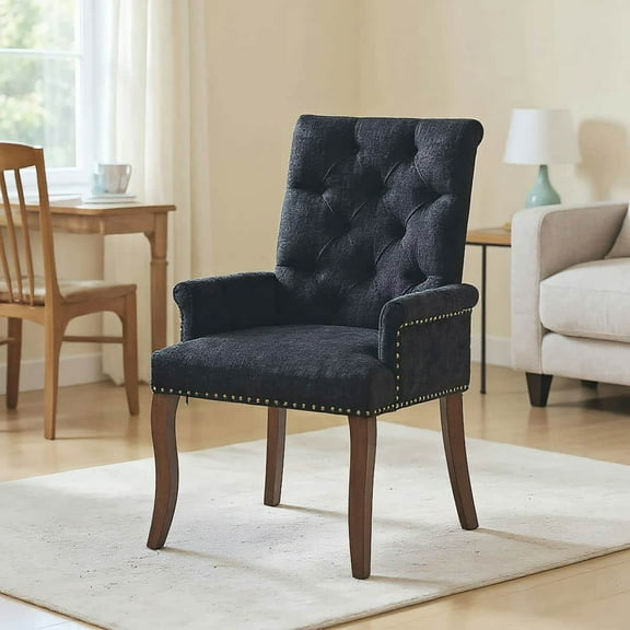 Spaco Upholstered Chenille Fabric Accent Dining Chair with Curved Solid Wood Legs, Elegant Tufted Club Arm Dining Chair for Indoor as Living Room, Bedroom, Black