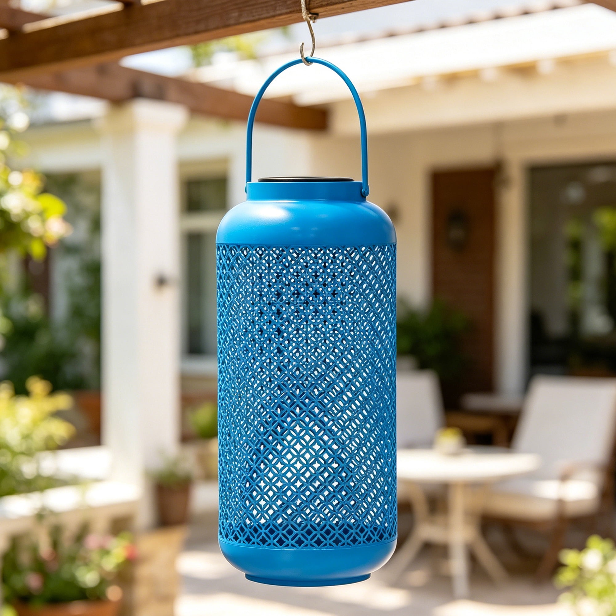 Abble  Outdoor Solar Lantern Light Metal Decorative Light Patio Garden Lantern with Hollowed-Out Design Hanging Lantern, Aqua