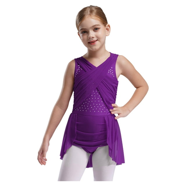 Raenseen Girls Rhinestone Skating Leotard Lyrical Ballet Dance Dress Cutout Back Dress Performance Costume Purple 12