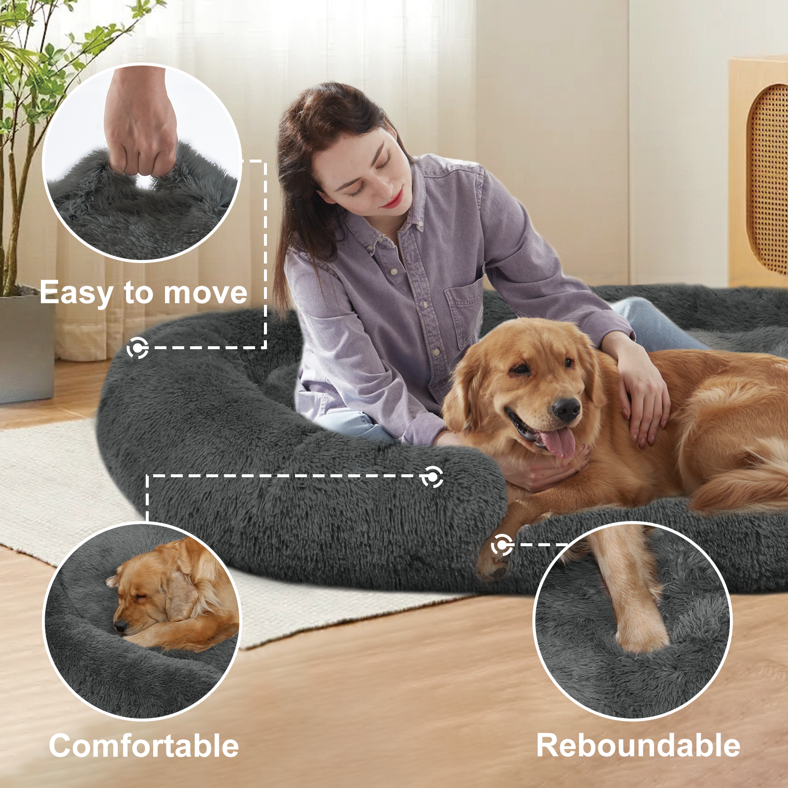 Extra Large 67" X 43" X 8" Orthopedic Pet Bed For Humans And Dogs, Plush High-Loft Mattress With Removable Handles & Non-Slip Bottom - DarkGrey