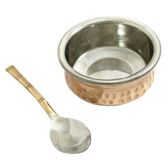 Authentic Indian Traditional Copper Steel Handi With Spoon Serving Bowl Ideal Tableware Dinnerware Kitchen Utensil