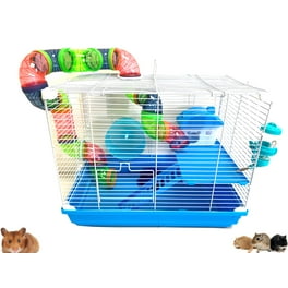 2 Floors Hamster Cage Gerbil House Habitat Kit Small Animal Travel Carrier with Solid Platform Ladder Exercise Wheel Play Tubes Water Bottle and
