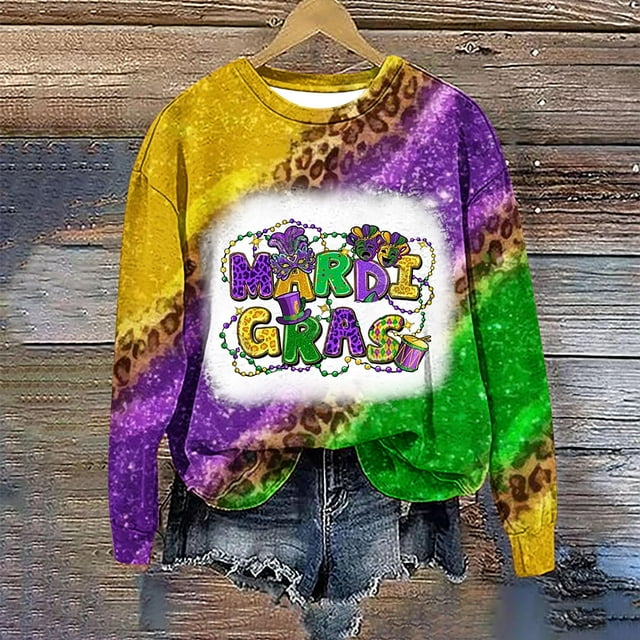 CEHVOM Chemises Mardi Gras pour Femmes Chandails en Molleton, Chandails en Molleton Mardi Gras Grande Taille, Chandails en Molleton à Manches Longues Col Rond Léopard Graphique Color Block, Chandail Tendance Tops de Carnaval T-Shirt Blouse