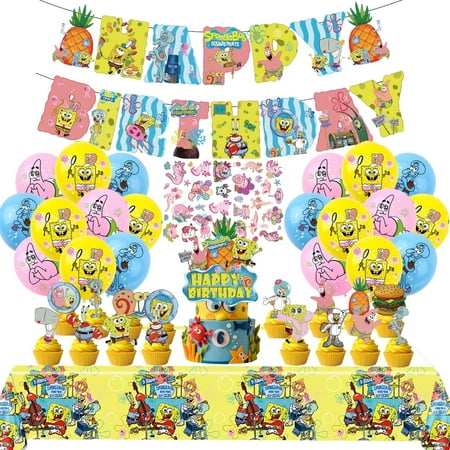 Spongebob Birthday Decorations - 53 Pcs Spongebob Birthday Party Supplies Set Include Happy Birthday Banner, Tablecloth, Cake Topper, 16 Cupcake Toppers, 20 Latex Balloons