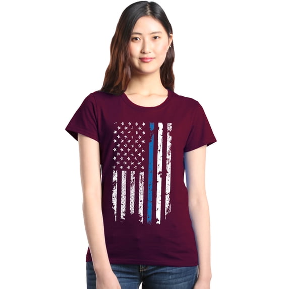 Shop4Ever Women's American Flag Blue Line Patriotic 4th of July Graphic T-Shirt Large Maroon