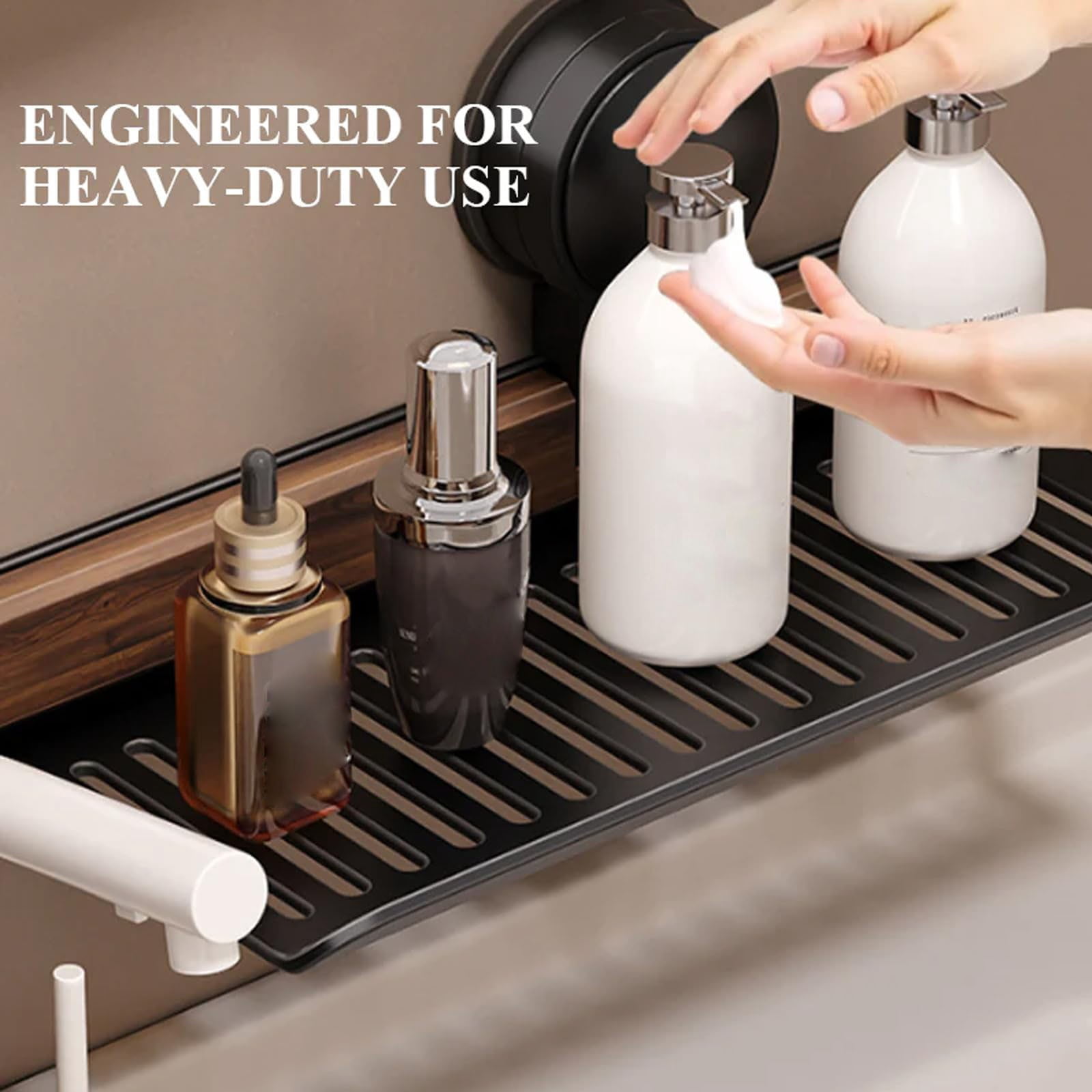 Over-Faucet Suction Cup Shelf, Walnut Wood Bathroom Kitchen Organizer, No Drill Removable Storage Rack for Soap Sponge, Small Spaces & Rvs, A Bathroom And Kitchen Suction Cup Rack